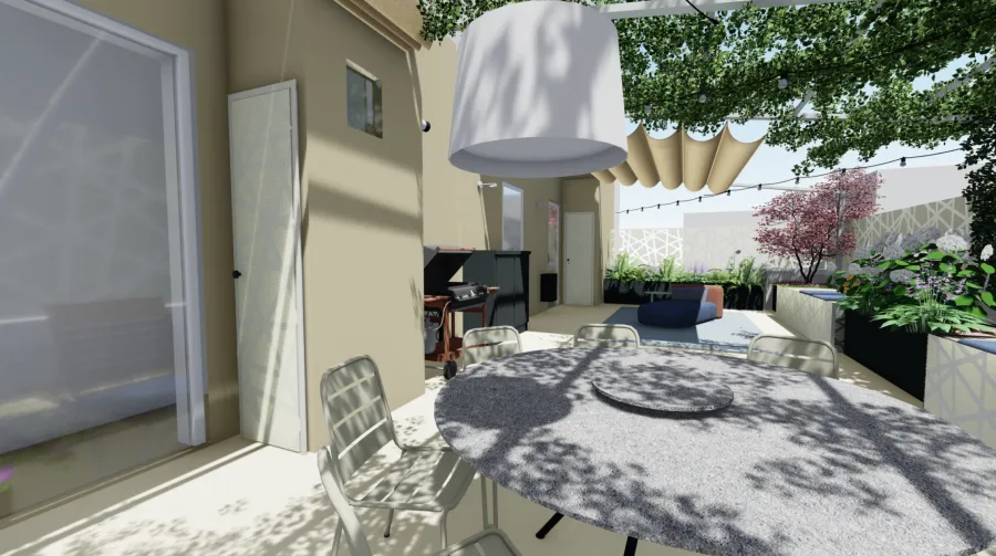 Render di progetto 3D Terrazzo con tavolo rotondo in pietra, luce outdoor a piantana, BBQ, mobiletto outdoor in metallo zincato, tappeto per zona relax con divano