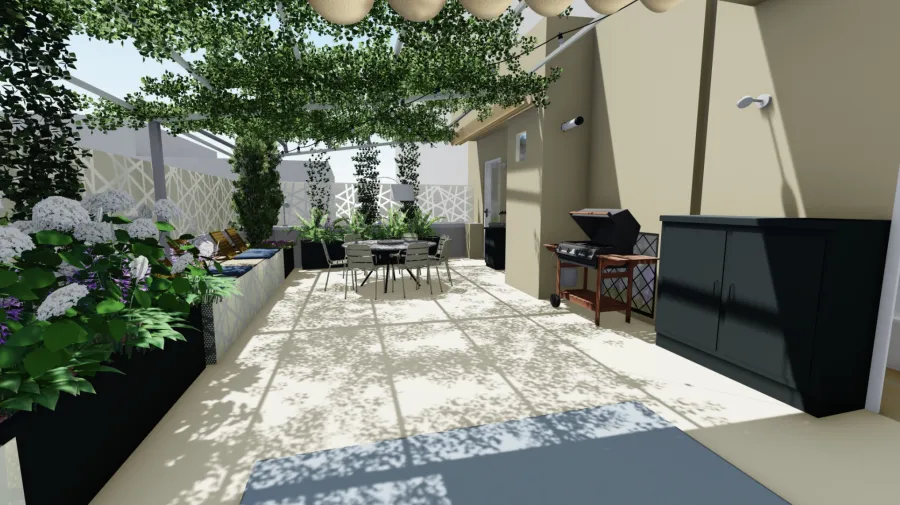 Render di progetto 3D Terrazzo con tavolo rotondo in pietra, frangivista, BBQ mobiletto in metallo su misura, vasi in metallo su misura